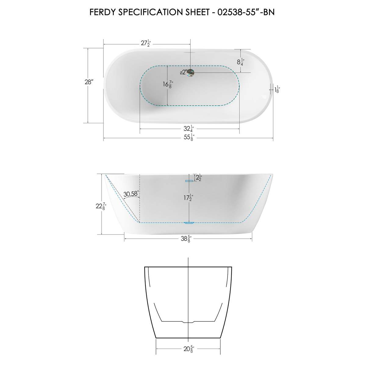 FerdY Bali 55" x 28" Freestanding Soaking Acrylic Bathtub Wayfair